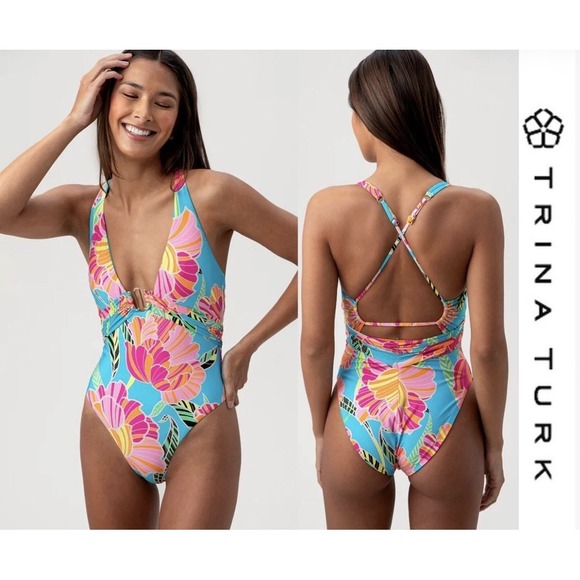 Trina Turk Other - Trina Turk Poppy Belted Plunge One Piece Swimsuit Women's 12 NWT Tropical Beachy